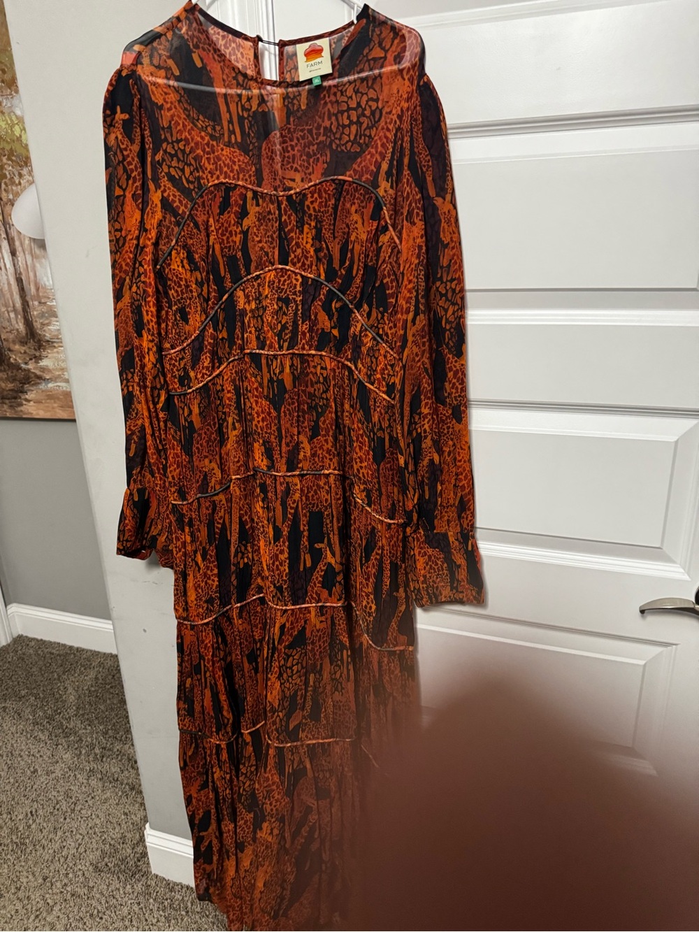 FARM Rio Orange and Black Printed Tiered Maxi Dress